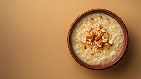 A vibrant bowl of creamy oatmeal garnished with fresh almonds, set against a warm rustic background. Perfect for a nutritious breakfast or snack choice.の素材