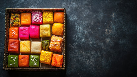 A visually stunning assortment of vibrant Middle Eastern sweets displayed in a beautifully styled box, perfect for festive occasions or gatherings, enhancing any celebration.の素材