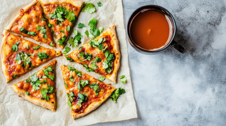 A delectable arrangement of freshly baked pizza slices topped with herbs served alongside a warm mug of tea. Perfect for casual dining or home gatherings.の素材