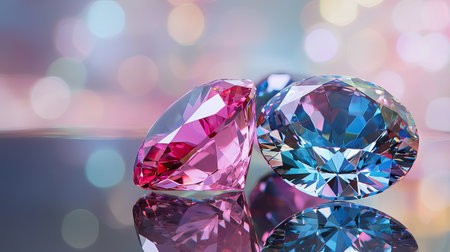 Two colorful diamonds, one pink and one blue, sparkle on a reflective surface. The background features soft bokeh lights, enhancing the luxury and elegance of the gemstones.の素材