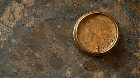 Dark and smooth coffee presented in a golden container atop a rustic surface evokes warmth and comfort, perfect for caffeine enthusiasts and cozy mornings.の素材