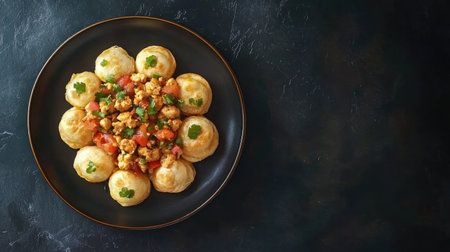 Experience a vibrant Indian street food platter showcasing crispy puffed balls filled with spiced potatoes and topped with fresh herbs and tomatoes.の素材