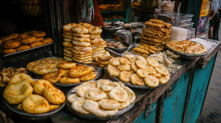 A vibrant street food stall showcases an array of freshly made breads and pastries, enticing visitors with their aroma and inviting appearance.の素材
