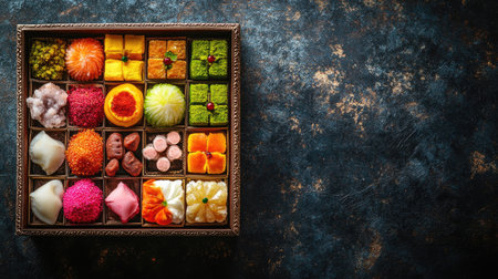 A stunning array of colorful assorted sweets arranged in an elegant box, showcasing a delightful variety of textures and flavors, perfect for any celebration.の素材