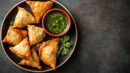 A platter of golden brown samosas served with fresh green sauce, perfect for appetizers or snacks. Ideal for festive gatherings and culinary delights.の素材
