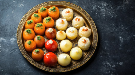 A beautiful arrangement of traditional Indian sweets showcases vibrant colors and unique textures. Ideal for festive celebrations and culinary delights.の素材