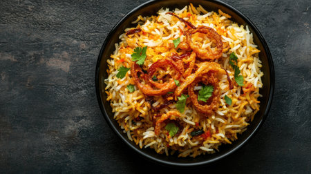 A vibrant bowl of aromatic rice garnished with crispy fried onions and fresh herbs. This dish is perfect for meals, showcasing rich flavors and textures.の素材