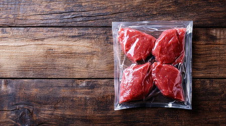 Fresh raw meat portions in a vacuum-sealed package resting on a rustic wooden table. Ideal for culinary uses in home cooking or restaurants.の素材