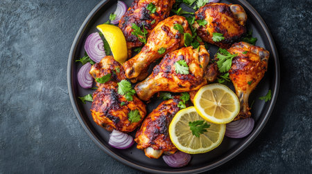 A vibrant plate of grilled chicken drumsticks garnished with lemon slices and fresh herbs, perfect for summer gatherings and outdoor meals.の素材