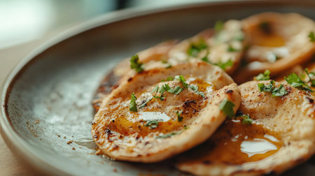 A beautifully arranged plate of freshly grilled flatbread topped with vibrant herbs and a drizzle of olive oil, perfect for a wholesome meal.の素材