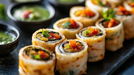 Vibrant sushi rolls featuring fresh vegetables and delicate flavors served beautifully on a slate plate, perfect for culinary enthusiasts and food lovers.の素材