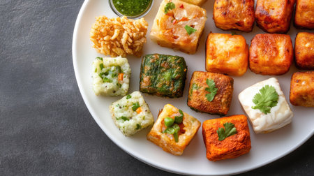 A vibrant assortment of Indian snacks arranged on a white plate, featuring colors and textures that highlight the diversity of traditional cuisine.の素材