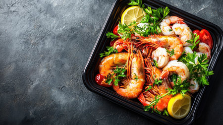 A vibrant seafood platter featuring fresh shrimp, lemon slices, and fragrant herbs, perfect for culinary enthusiasts seeking healthy meal options.の素材