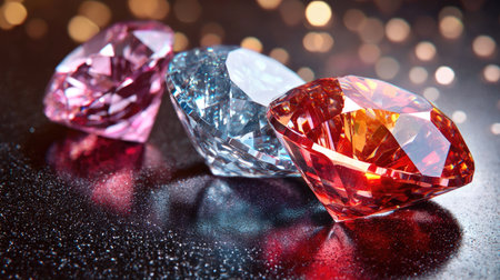 Vibrant gemstones in pink, blue, and red sparkle on a dark surface, reflecting light and creating an elegant visual display perfect for luxury themes.の素材