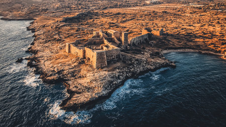 Stunning aerial view of ancient ruins along a rocky coastline, capturing the beauty of nature and history. Perfect for travel and adventure themes.の素材