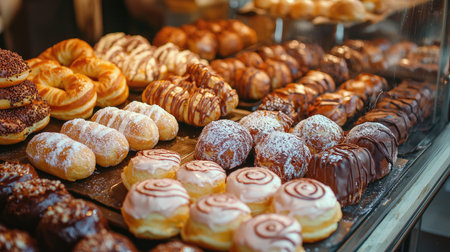 A stunning display of various donuts and pastries showcasing rich flavors and textures, perfect for sweet lovers and food enthusiasts alike.の素材