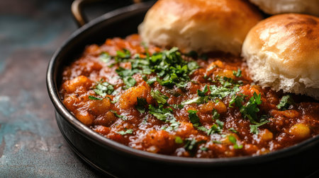 This vibrant vegetarian dish features a spicy curry served with soft bread rolls, garnished with fresh herbs. Perfect for a cozy meal or gathering.の素材
