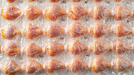 A vibrant arrangement of raw chicken drumsticks meticulously wrapped in plastic. Ideal for showcasing food packaging in culinary and grocery contexts.の素材