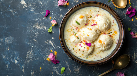 This bowl of creamy Indian dessert, adorned with rose petals and saffron, offers a refreshing indulgence. Perfect for festive occasions and special celebrations.の素材