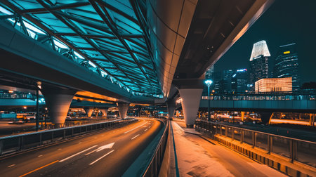 Captivating urban landscape showcasing illuminated structures and night traffic, highlighting modern architecture and the vibrant essence of city life.の素材