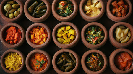 An array of vibrant and fresh ingredients displayed in rustic clay bowls, showcasing a variety of spices and vegetables perfect for culinary inspiration.の素材