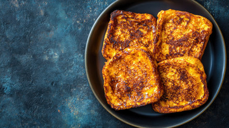 Enjoy a delectable view of golden brown French toast slices served on a black plate, perfect for breakfast or brunch. A tempting treat that satisfies!の素材