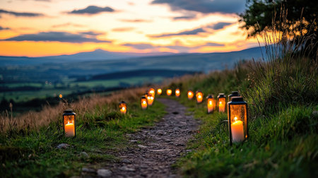 A tranquil pathway adorned with glowing lanterns leads through lush grass, framed by a breathtaking sunset sky, perfect for evoking peace and wanderlust.の素材