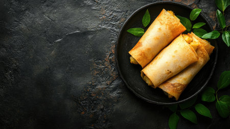 Enjoy this image of crispy spring rolls beautifully arranged on a dark rustic plate with fresh green leaves, perfect for culinary enthusiasts and food lovers.の素材