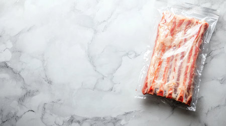 Fresh raw pork ribs beautifully presented in vacuum sealed packaging on a marble surface, perfect for showcasing gourmet meal preparation and cooking inspiration.の素材