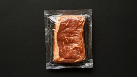 This image shows a fresh raw beef steak vacuum-sealed in packaging, highlighting its rich color and texture, perfect for culinary and grocery contexts.の素材