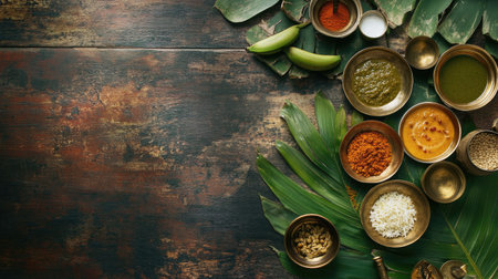 A vibrant display of spices and ingredients arranged on a rustic wooden table. Ideal for culinary themes, featuring rich colors and natural textures.の素材