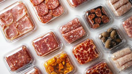 A vibrant assortment of assorted meats and charcuterie beautifully displayed in clear plastic containers, perfect for gourmet snacking or meal preparation.の素材
