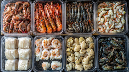 A vibrant display of fresh seafood including various shrimp and shellfish packaged in clear containers, ideal for culinary enthusiasts and healthy meal preparation.の素材