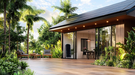 Discover a modern eco-friendly house featuring solar panels, surrounded by lush greenery. A perfect blend of architecture and nature, offering tranquility.の素材