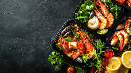 A vibrant seafood platter featuring fresh shrimp, crab, and lemon slices, arranged with herbs and garnishes on a dark background, perfect for culinary inspiration.の素材