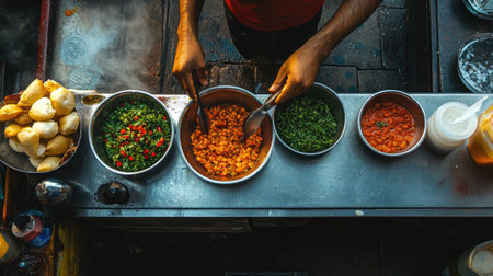 A captivating overhead view of street food preparation showcasing vibrant colors from fresh herbs and spices. Experience the essence of local cuisine and culinary artistry.の素材