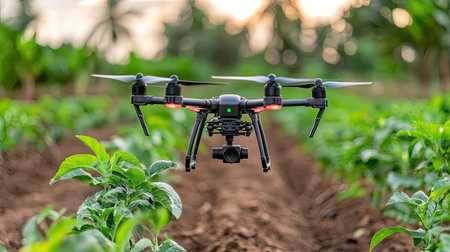 A drone hovers above a vast green crop field, showcasing modern agricultural technology in action. The scene captures the beauty of rural farming practices.の素材