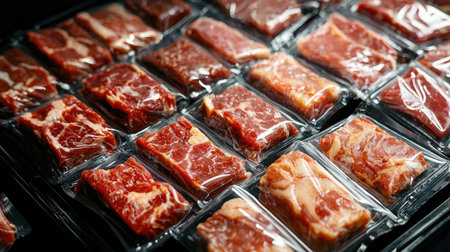 A display of freshly packaged cuts of meat in clear wrapping, showcasing quality and variety, ideal for grocery stores, butchers, or food photography needs.の素材
