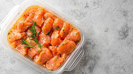 Discover fresh marinated chicken pieces ready for cooking, enhanced with aromatic herbs and vibrant flavors. Perfect for quick meal solutions and healthy eating.の素材