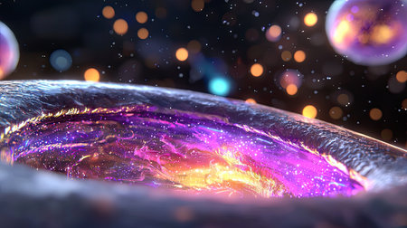 This stunning image depicts a cosmic portal radiating vibrant purple and orange swirls, set against a starry background. Perfect for fantasy or space-themed projects.の素材