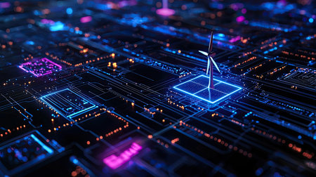 Explore a vibrant digital landscape featuring neon lights and a wind turbine, symbolizing innovation in renewable energy and technology integration in modern design.の素材