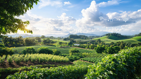 Explore a breathtaking landscape featuring expansive green fields and majestic mountains under a dynamic sky. The scene embodies tranquility and natural beauty.の素材