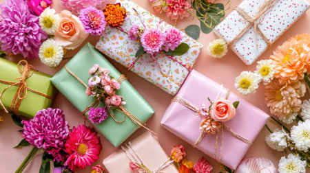 An elegant display of beautifully wrapped gifts adorned with vibrant flowers, perfect for celebrations, parties, or special occasions. Bright colors enhance the joyful atmosphere.の素材