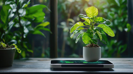 A beautiful green indoor plant grows in a stylish pot on a wooden table, accompanied by a smartphone, showcasing a harmonious blend of nature and technology in a bright room.の素材