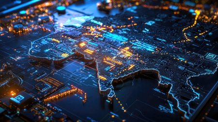 A captivating futuristic city map visualization, showcasing vibrant neon lights and intricate circuitry, perfect for themes of technology and innovation.の素材