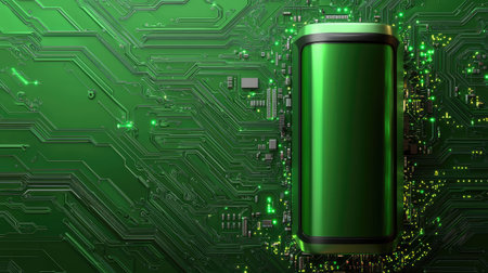 This image showcases a green battery positioned on a circuit board, symbolizing innovation and technology in energy design. Ideal for energy and tech themes.の素材