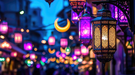 A captivating night market scene featuring colorful lanterns that create a magical atmosphere. Shades of purple and warm light enhance the festive mood, inviting visitors to experience cultural charm and artistry.の素材