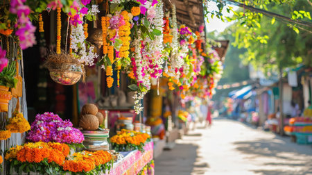 A colorful flower market showcasing vibrant floral decorations along a sunny pathway, creating a lively and joyful atmosphere perfect for outdoor celebrations.の素材