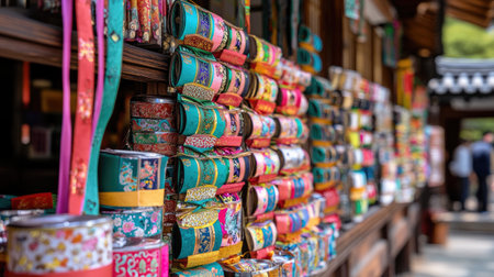 A vibrant display of colorful decorative ribbons arranged in a traditional market stall, showcasing a variety of patterns and textures perfect for crafts and gifts.の素材