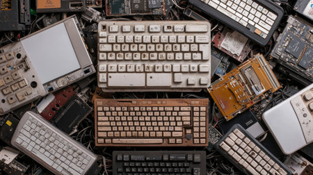 Explore a diverse collection of vintage computer keyboards and electronic components, showcasing the evolution of technology and design over time.の素材